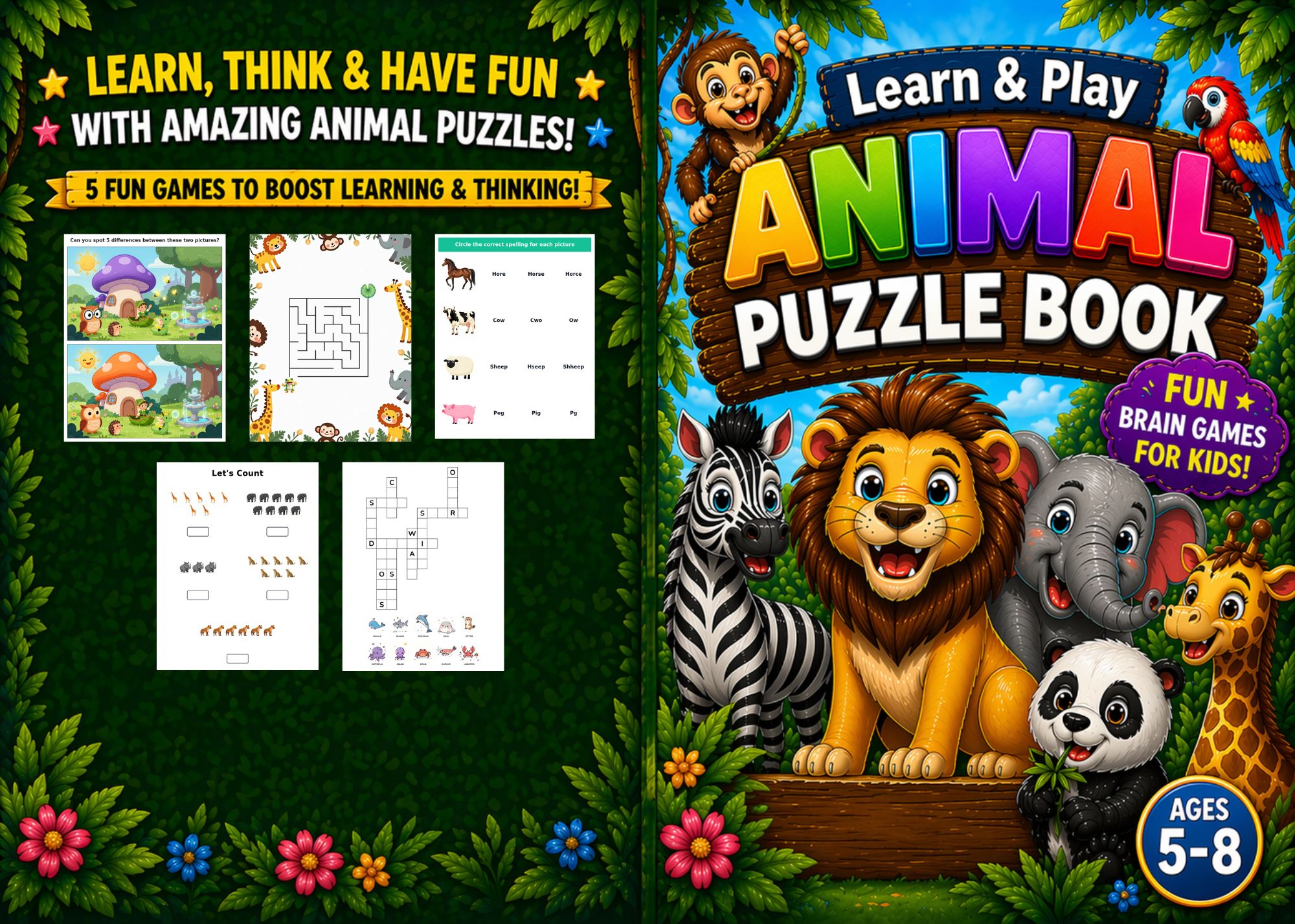 82 Page Kids Activity Book Animal Theme